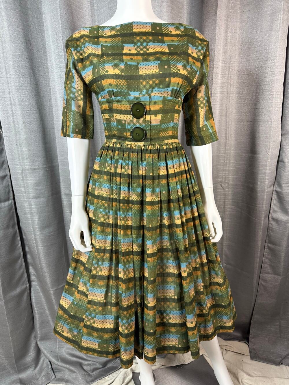 Vintage Moss Green Novelty Print Cotton Day Dress